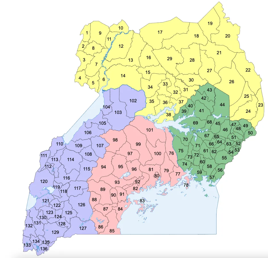 Map of Uganda showing all districts