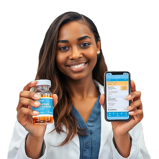 Woman holding medication and app