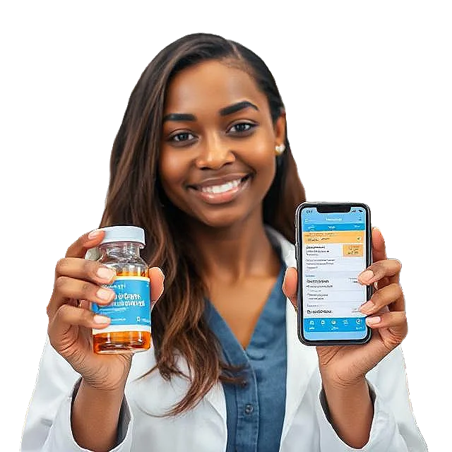 Woman holding medication and app